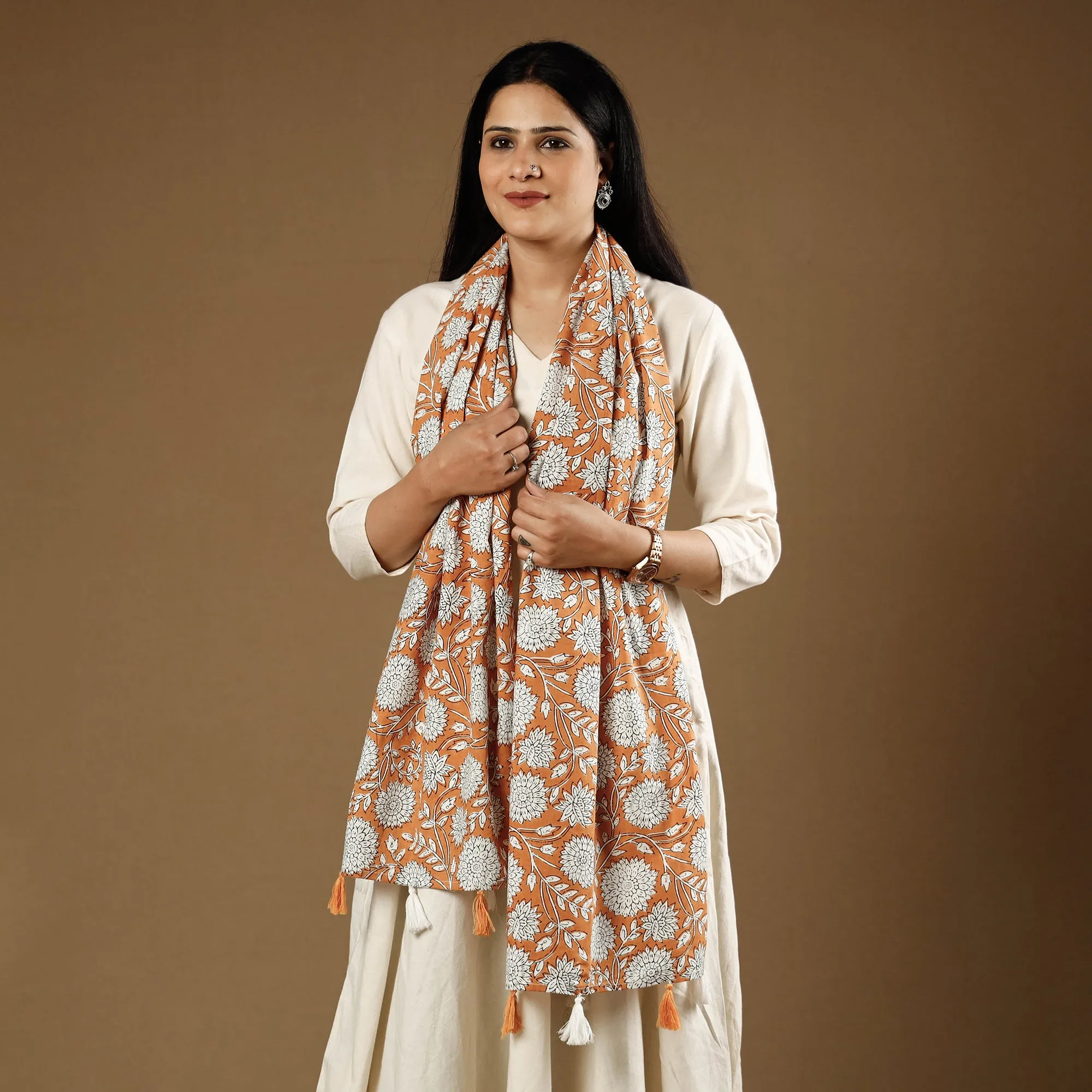 Gulbahar Orange with White Flowers Sanganeri Block Printed Cotton Stoles With Tassels
