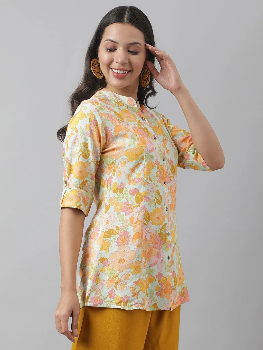 Jashvi Pista Green Floral Printed Rayon A-line Shirt Style Top